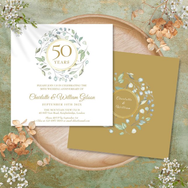 Convites Quinquentenário de aniversário Floral Greenery Squ (50th Wedding Anniversary Floral Greenery Square Invitation)