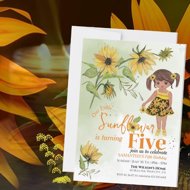 Convites Quinta Garota de Cores de Cama de Girassol (Little Sunflower Watercolor Fifth Girl Birthday Invitation)