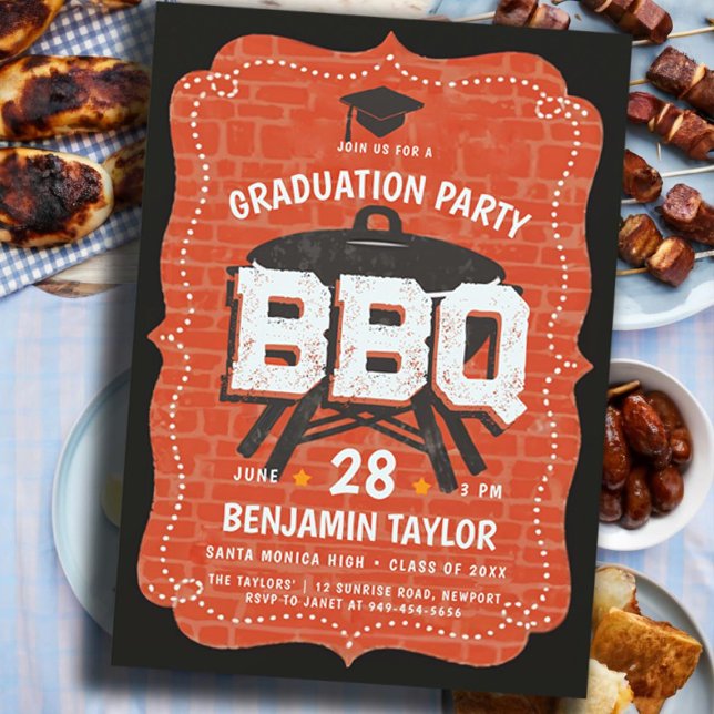 Convites Quintal Rustic Wall Outdoor do Partido do CHURRASC (male high school graduation party ideas bbq party invitations college grad rustic backyard outdoor)