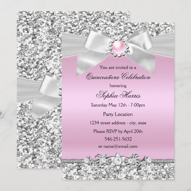 Convites Quinto aniversário do Arco de pérolas cor-de-rosa  (Frente/Verso)