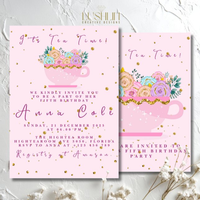 Convites Quinto aniversário do Tea Party Elegante & Sweet a (Criador carregado)