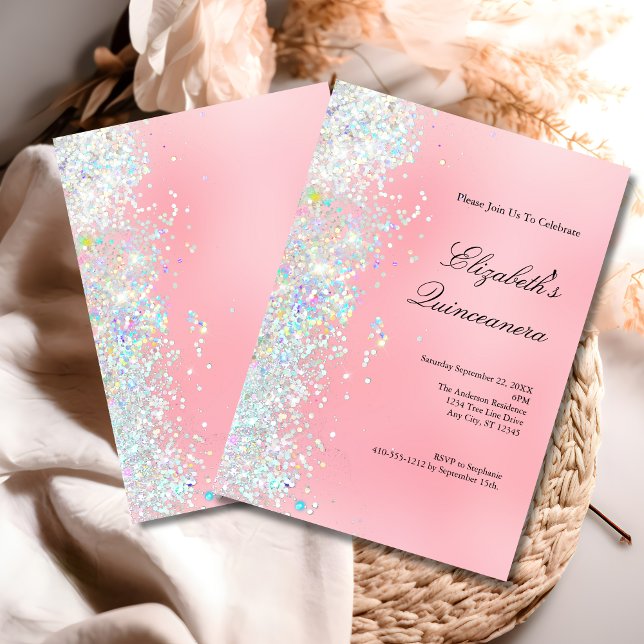 Convites Quinto-Cânera Leve Cor-de-Leve Luminosa Luminosa L (Blush pink white glitter Glam Bling Modern Trendy Quinceanera 15th birthday invitation)