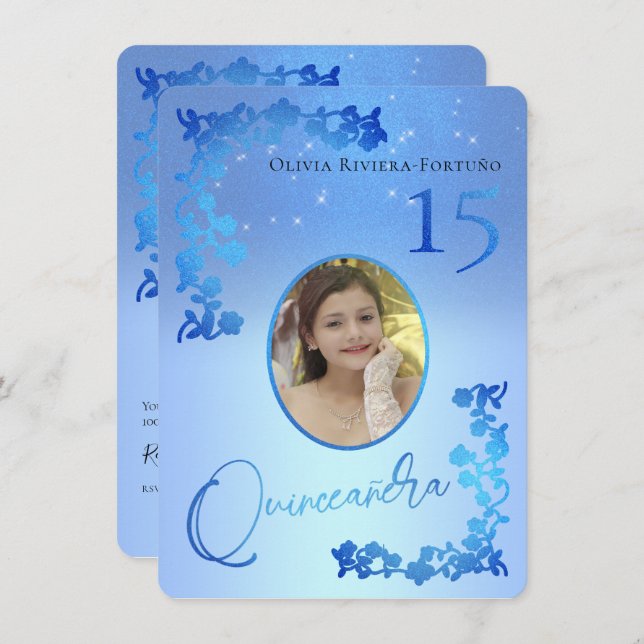 Convites Quinto Quinceanera, Foto Floral, Glitter Real Chic (Frente/Verso)