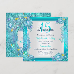 Convites Quinze Anos Azul Turquesa Oceano Quinceanera