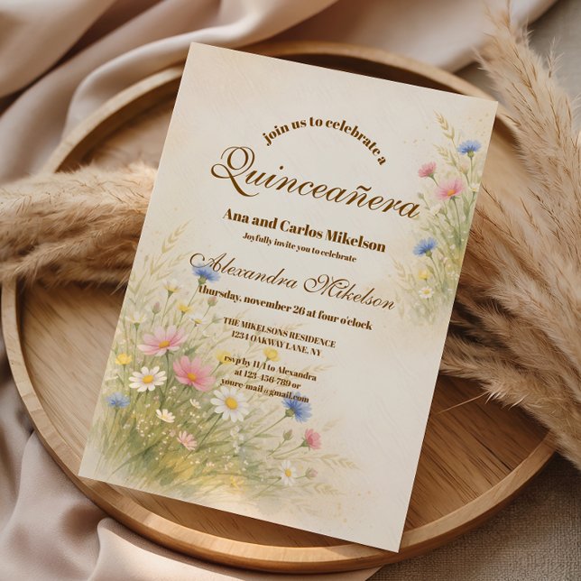Convites Quinze Anos de Campo de Flores Silvestres Dourado (Criador carregado)