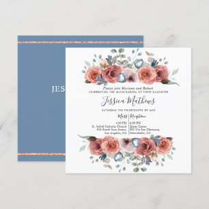 Convites Quinze Anos Elegante, Floral Azul Poeirento e Rosa