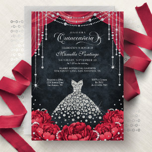 Convites Quinze Anos Floral com Diamantes Vermelhos e Preto