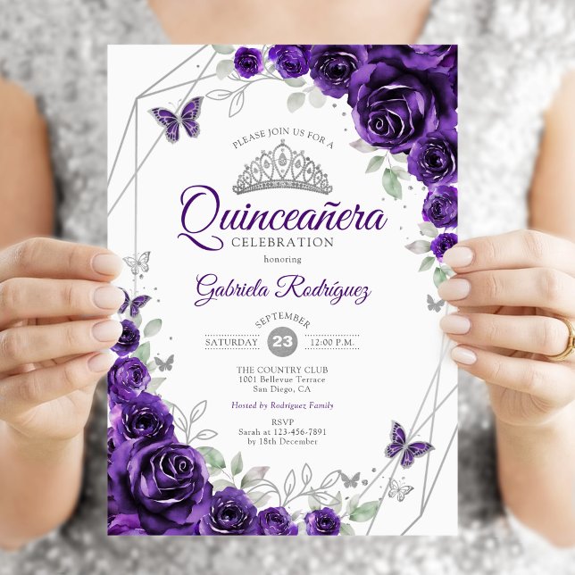 Convites Quinze Anos Floral Prata Roxo (Criador carregado)