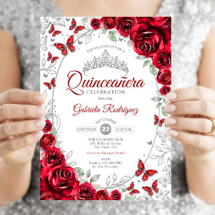 Convites Quinze Anos Floral Prata Vermelha