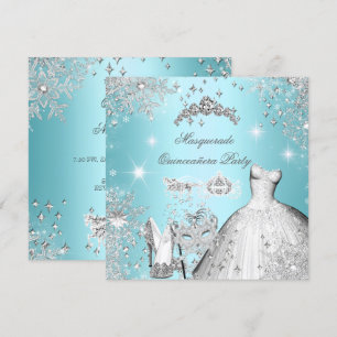 Convites Quinze Anos Máscara Magia Princesa Azul Teal