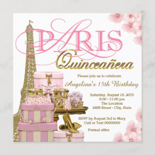 Convites Quinze Anos Paris Rosa e Dourado