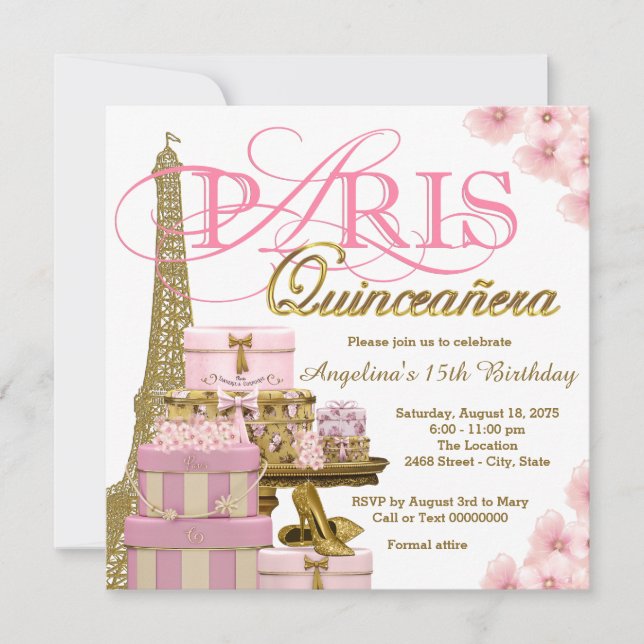Convites Quinze Anos Rosa e Dourado em Paris (Frente)