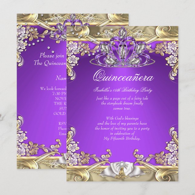 Convites Quinze Anos Roxo Dourado Branco Festa de Aniversár (Frente/Verso)