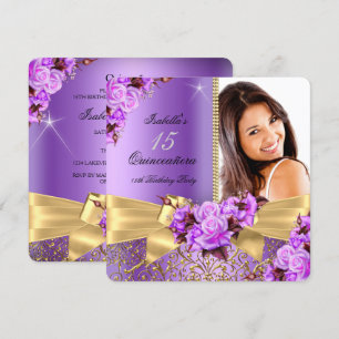 Convites Quinze Anos Roxo Foto Rosa Dourada Aniversário de
