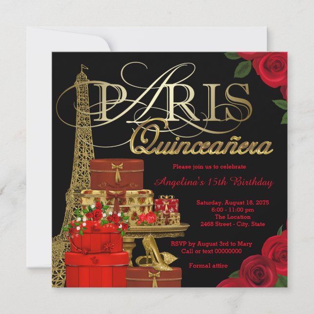 Convites Quinze Anos Vermelho de Paris (Frente)