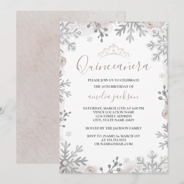 Convites Quinze Anos Winter Wonderland Prata Rosa  (Frente/Verso)