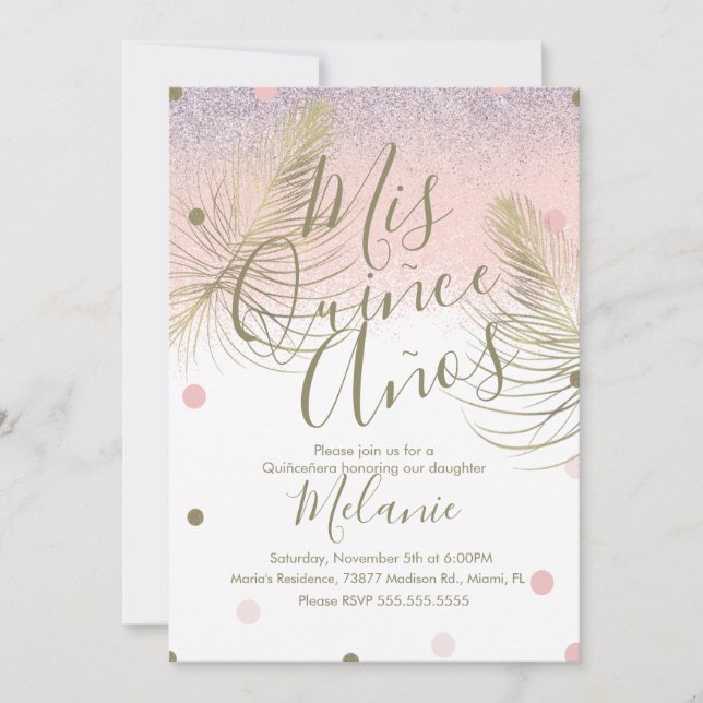 Convites Quinze Pontos Brilhantes Falsos Dourado Rosa (Frente)