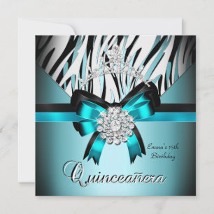 Convites Quinzeanera 15º Azul Turquesa Preto Zebra Prata Ar
