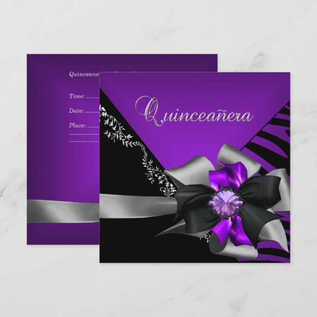 Convites Quinzeanera 15 Zebra Roxo Preto Prata (Frente/Verso)