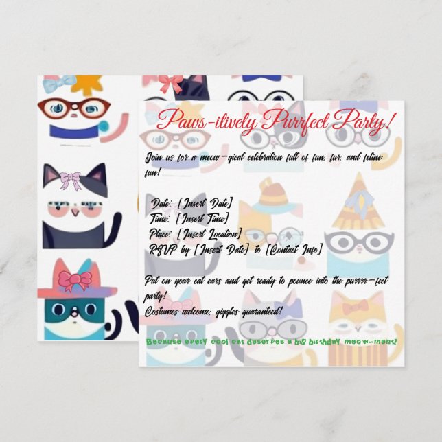 Convites Quirky Cat Whimsic Feline Art para Cat Lovers (Frente/Verso)