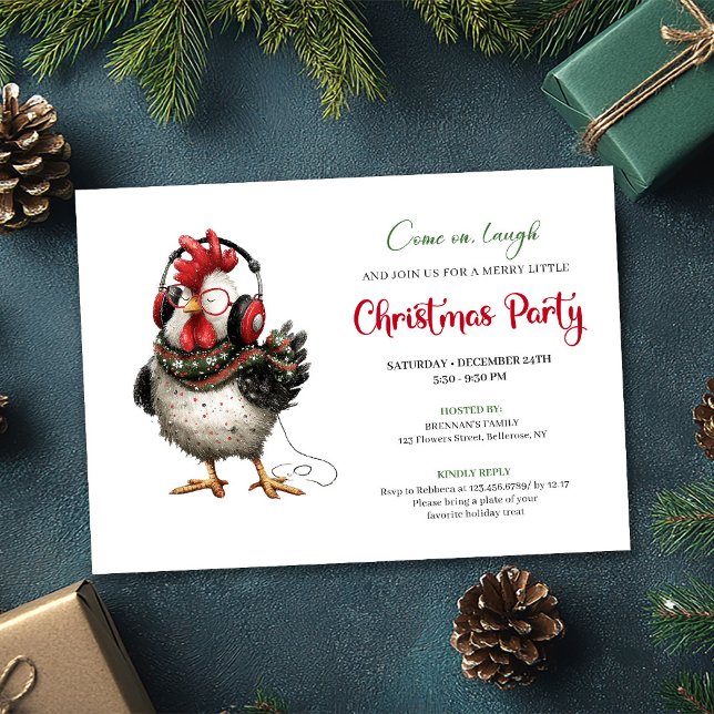 Convites Quirky Chickens Red Green Holiday Party Invitation (Quirky Chickens Red Green Holiday Party Invitation)