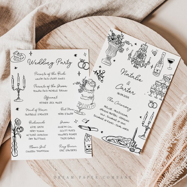 Convites Quirky Hand Drawn Whimsical Wedment Program (Criador carregado)