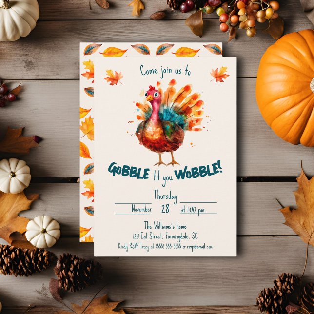Convites Quirky Watercolor Turkey Ação de Graças (Gobble til you Wobble Thanksgiving invitation)
