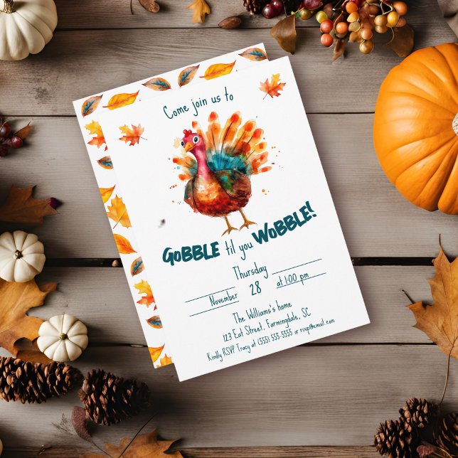 Convites Quirky Watercolor Turkey Ação de Graças (Watercolor "Gobble til you Wobble" invitation with fall leaves and white background)