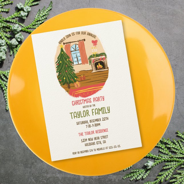 Convites Quirky Whimsical Hand Desenhou Festa de Janto de N (whimsical christmas decorated cosy room dinner party invitation)