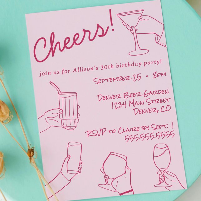 Convites Quirky Whimsical Shand Drawn Party (pink whimsical quirky hand drawn doodle cheers adult birthday party invitation cute modern sketch)