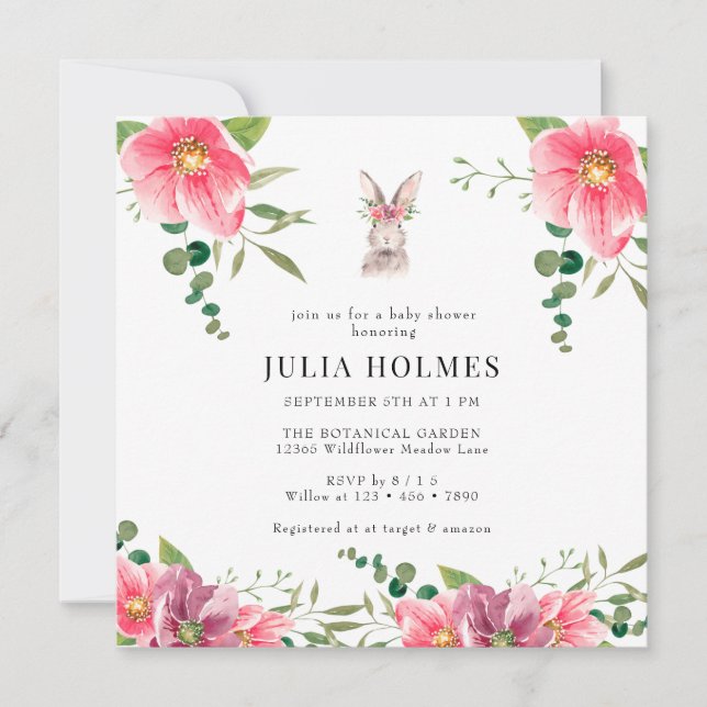 Convites Rabbit Floral | Chá de fraldas verde (Frente)