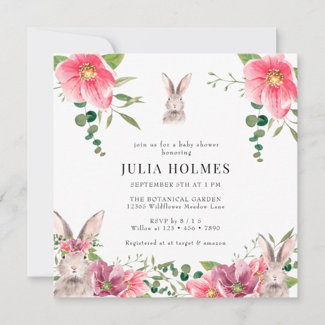 Convites Rabbit Floral | Chá de fraldas verde (Frente)