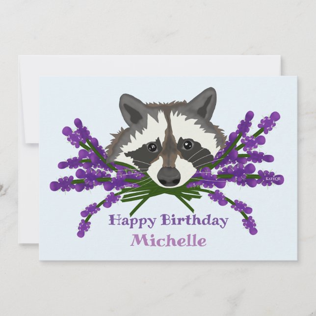 Convites Raccoon com lavanda. Feliz aniversário (Frente)