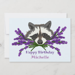 Convites Raccoon com lavanda. Feliz aniversário