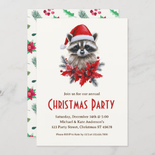 Convites Raccoon em uma festa de Natal de Santa Hat Poinset