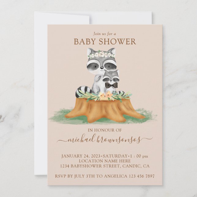 Convites Raccoon Watercolor Mommy Baby Boy Shower beige (Frente)