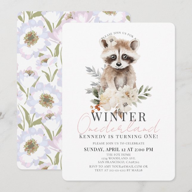 Convites Raccoon Winter Onederland Girl primeiro aniversari (Frente/Verso)