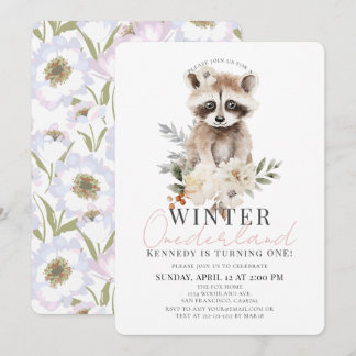 Convites Raccoon Winter Onederland Girl primeiro aniversari