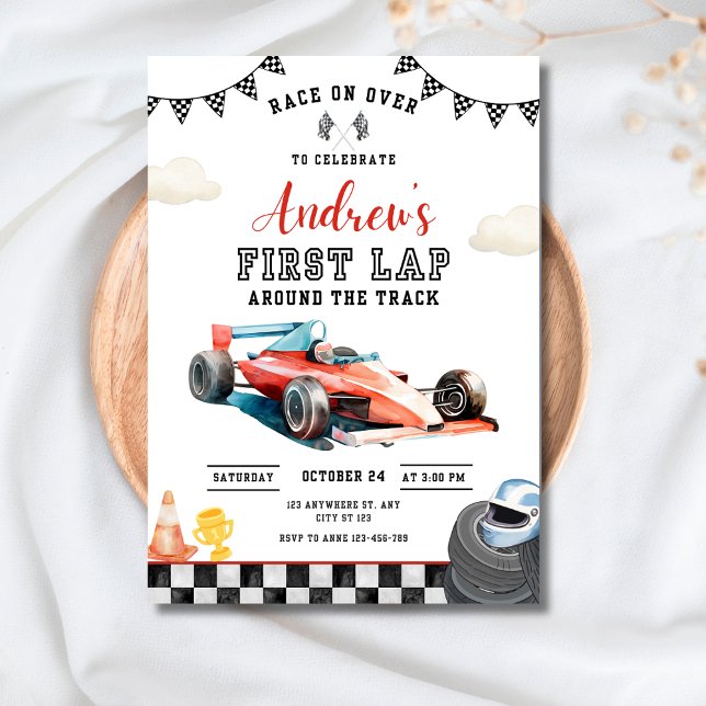 Convites Race Car 1st Birthday Invitation, First Lap Racing (Criador carregado)