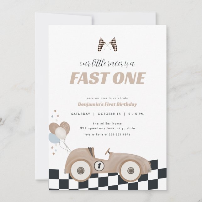 Convites Race Car Beige Fast One First Birthday Invite  (Frente)