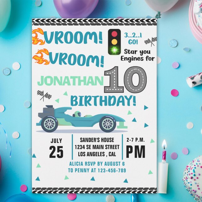 Convites Race Car Birthday 10th - Boys Racin Party (Criador carregado)
