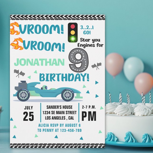 Convites Race Car Birthday 9th - Boys Racin Party (Criador carregado)