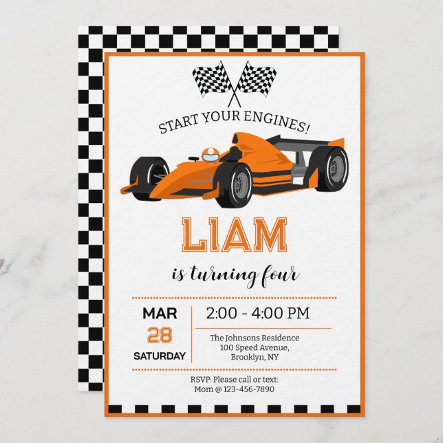 Convites Race Car Birthday Party Invitation (Frente/Verso)