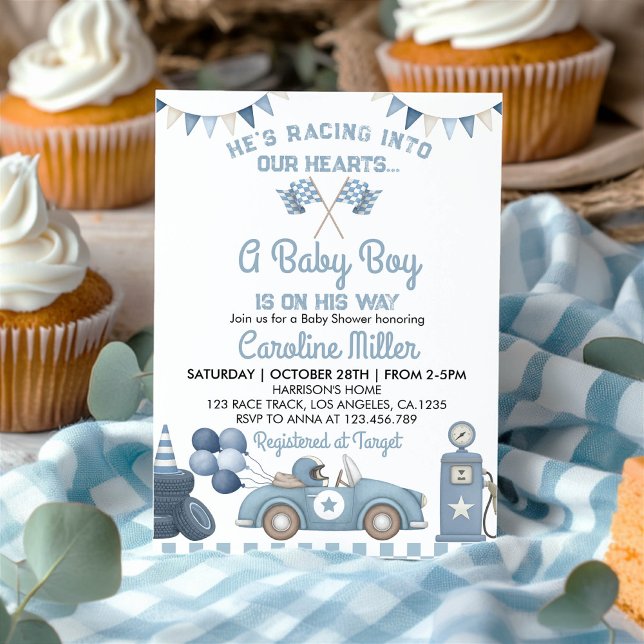 Convites Race Car Blue Boy Baby Shower (Criador carregado)
