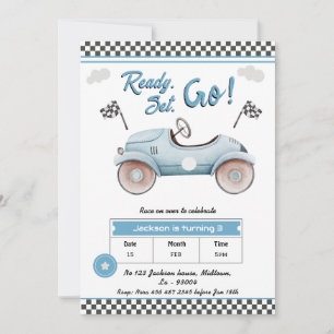 Convites Race Car Blue Vintage Ready set go aniversário de