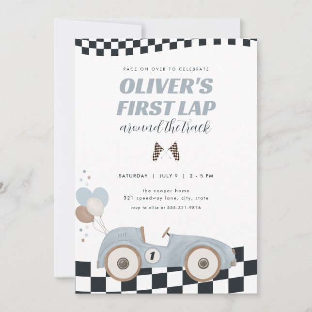 Convites Race Car First Lap Around the Track 1st Birthday (Frente)