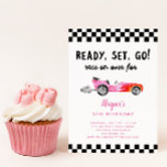 Convites Race Car Girl Ready Set Go Festa de aniversário<br><div class="desc">Cartaz de convite de aniversário da garota com tema de corrida,  bonito,  com ilustração de um carro vintage rosa com chamas. O texto diz "pronto,  pronto,  vai! corrida por cima."</div>