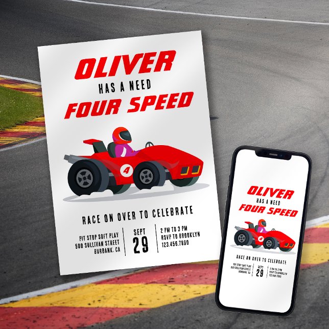 Convites Race Car Need for Speed 4th Birthday Party (Criador carregado)