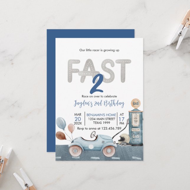 Convites Race Car segundo Corrida Dois Aniversário Rápido (Frente/Verso In Situ)