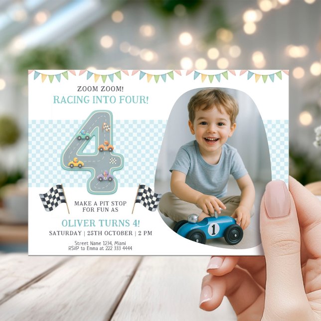 Convites Race Car Theme 4th Birthday Party (Criador carregado)